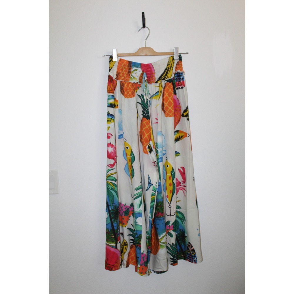 True Destinations Tropical Print Wide Leg Pants‎ Smocked Waist Beaded Tassel M
